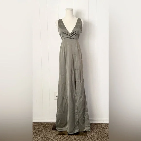 BHLDN NWT Anthropologie Piper V-Neck Side Slit Satin Gown Dress Size 0 Moss